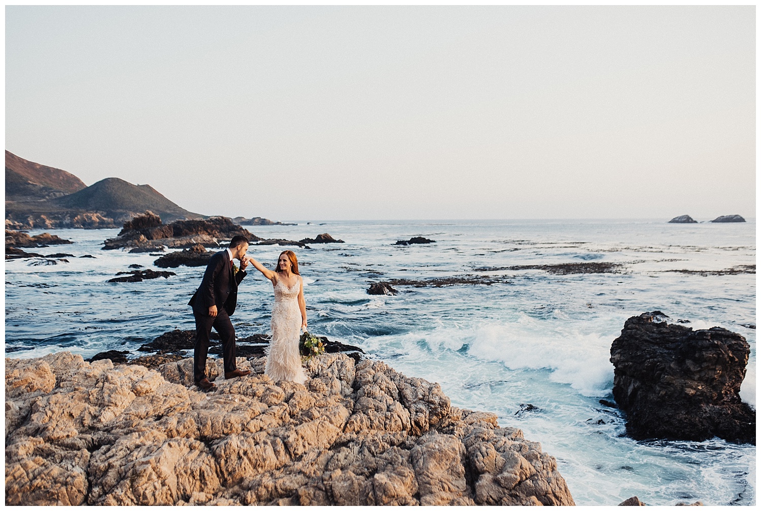 bride and groom on the cliffs of big sur